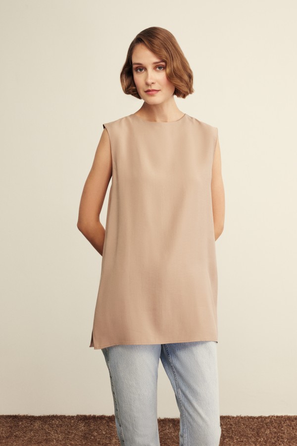 Venöve - Mayla Bluz Beyaz Koyu Bej